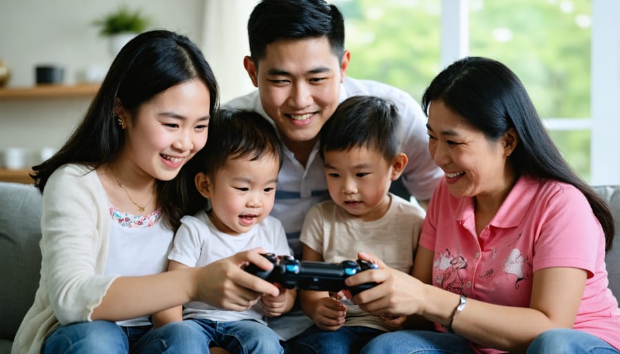 Multi-generational Vietnamese-Canadian family enjoying video games together in a home setting