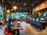 A Vietnamese-Canadian gaming café scene where people of different ages are immersed in video games amidst traditional Vietnamese décor, signifying the fusion of heritage and modern entertainment.