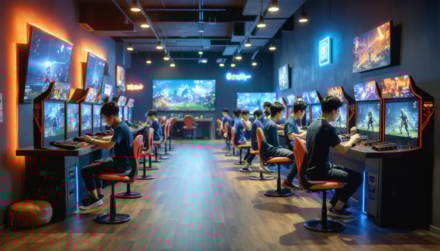 Interior of a bustling Vietnamese-Canadian gaming café with diverse gaming setups and social interaction