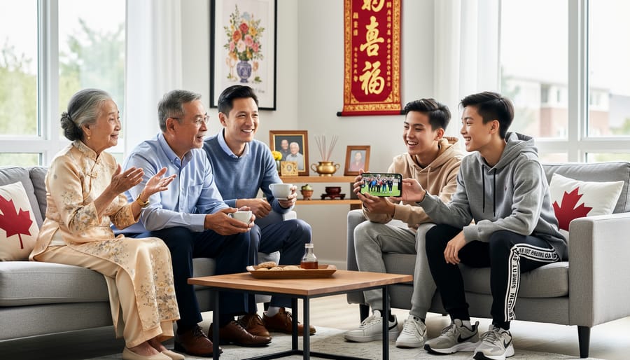 Young Vietnamese-Canadian adult and elderly parent having conversation in community park