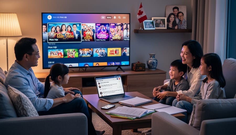 Vietnamese-Canadian woman using laptop computer at home in evening