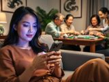 Vietnamese-Canadian woman on a sofa holding a lit smartphone in the foreground while family members play mahjong at a dining table in a softly blurred background, warm indoor lighting with tea set and plants, no visible text or logos.