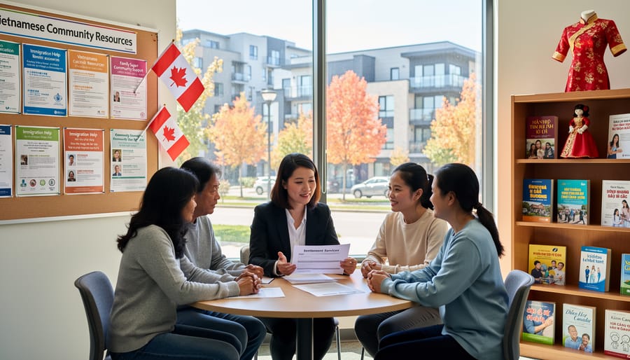 Vietnamese-Canadian community center interior with cultural artwork and resource materials