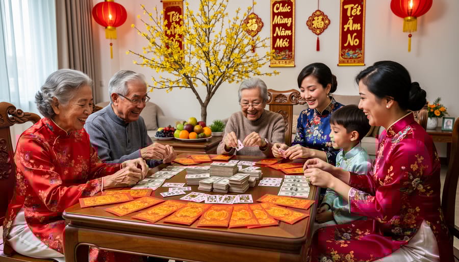Multi-generational Vietnamese-Canadian family playing traditional card games during Tết celebration