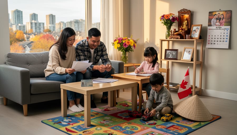 Vietnamese family standing outside a modern apartment building in Canada
