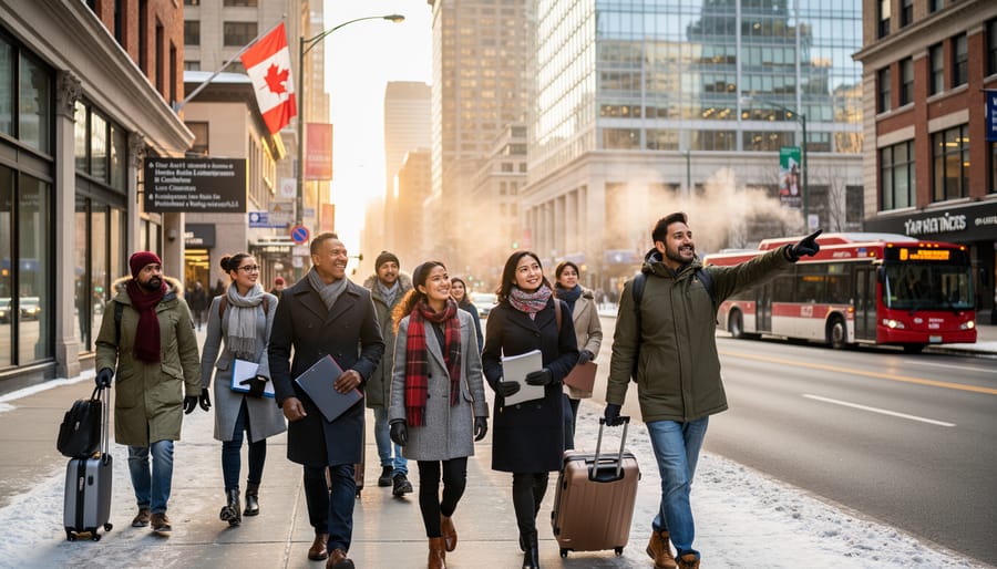 Diverse group of professionals walking on a Canadian city street in winter