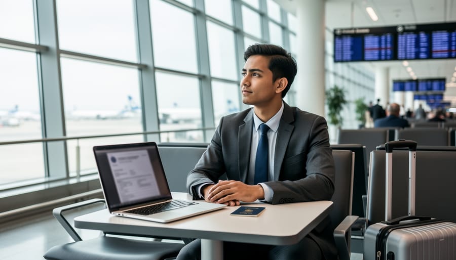 Person holding a passport and laptop in an airport lounge window